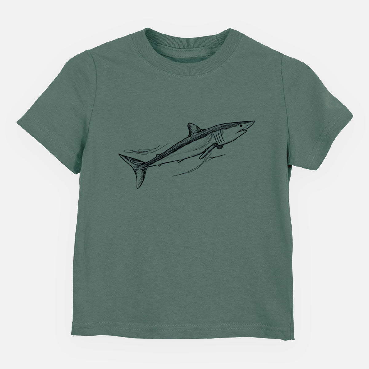 Basil green toddler t-shirt laid flat, printed with a black ink illustration of a mako shark swimming.