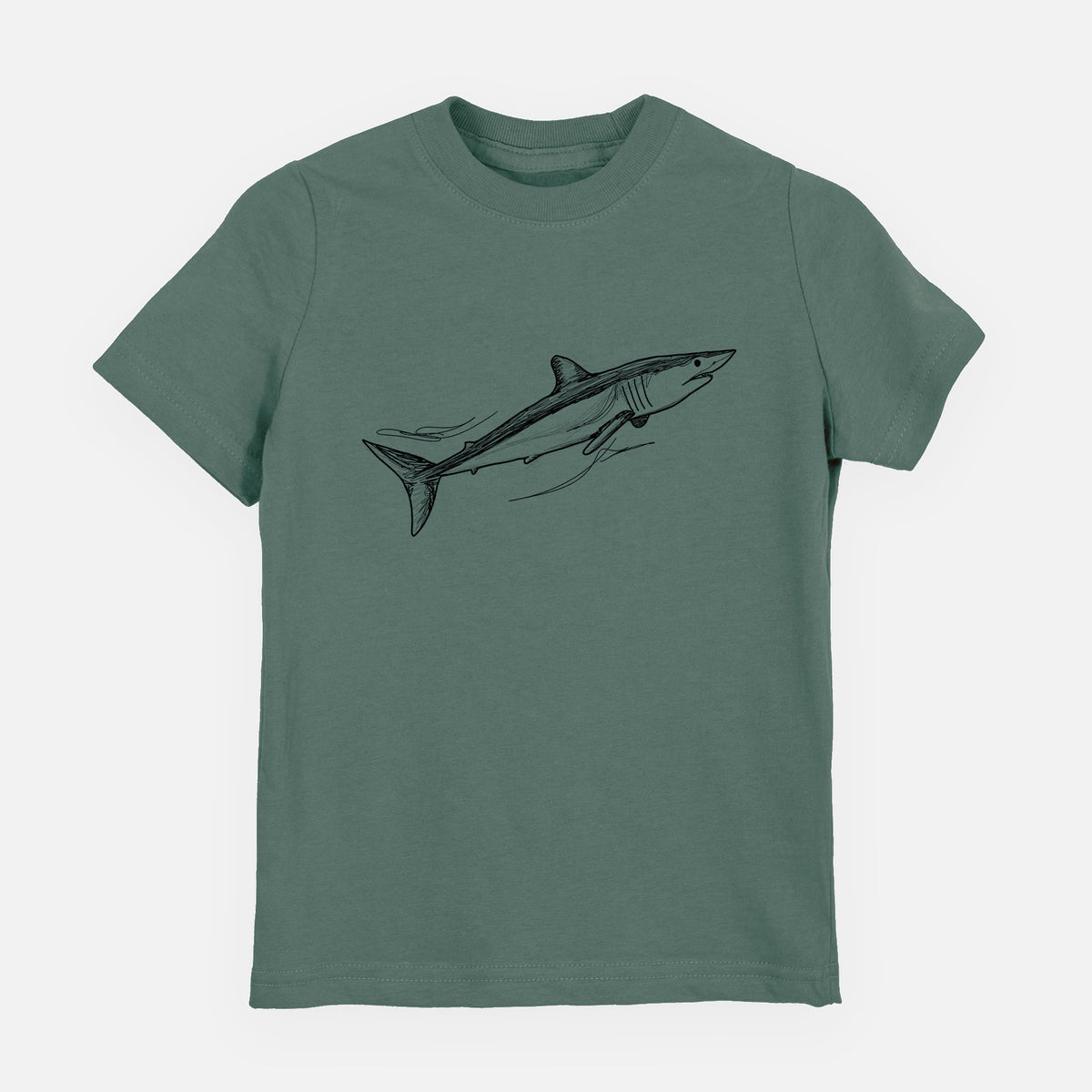 Basil green youth t-shirt laid flat, printed with a black ink illustration of a mako shark swimming.