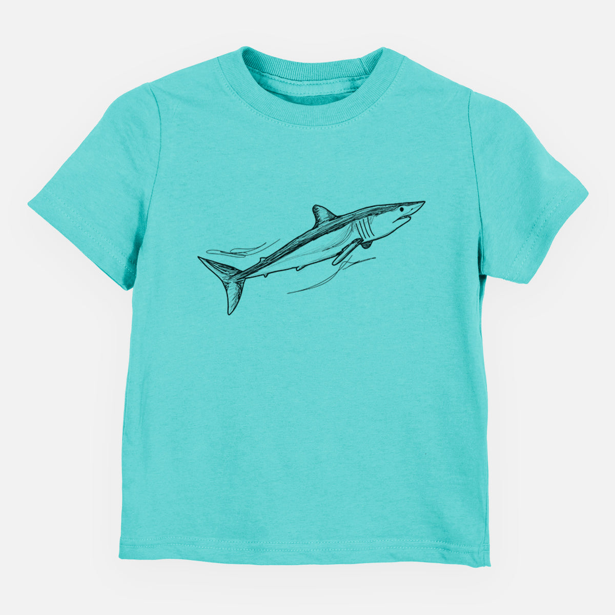 Caribbean blue toddler t-shirt laid flat, printed with a black ink illustration of a mako shark swimming.