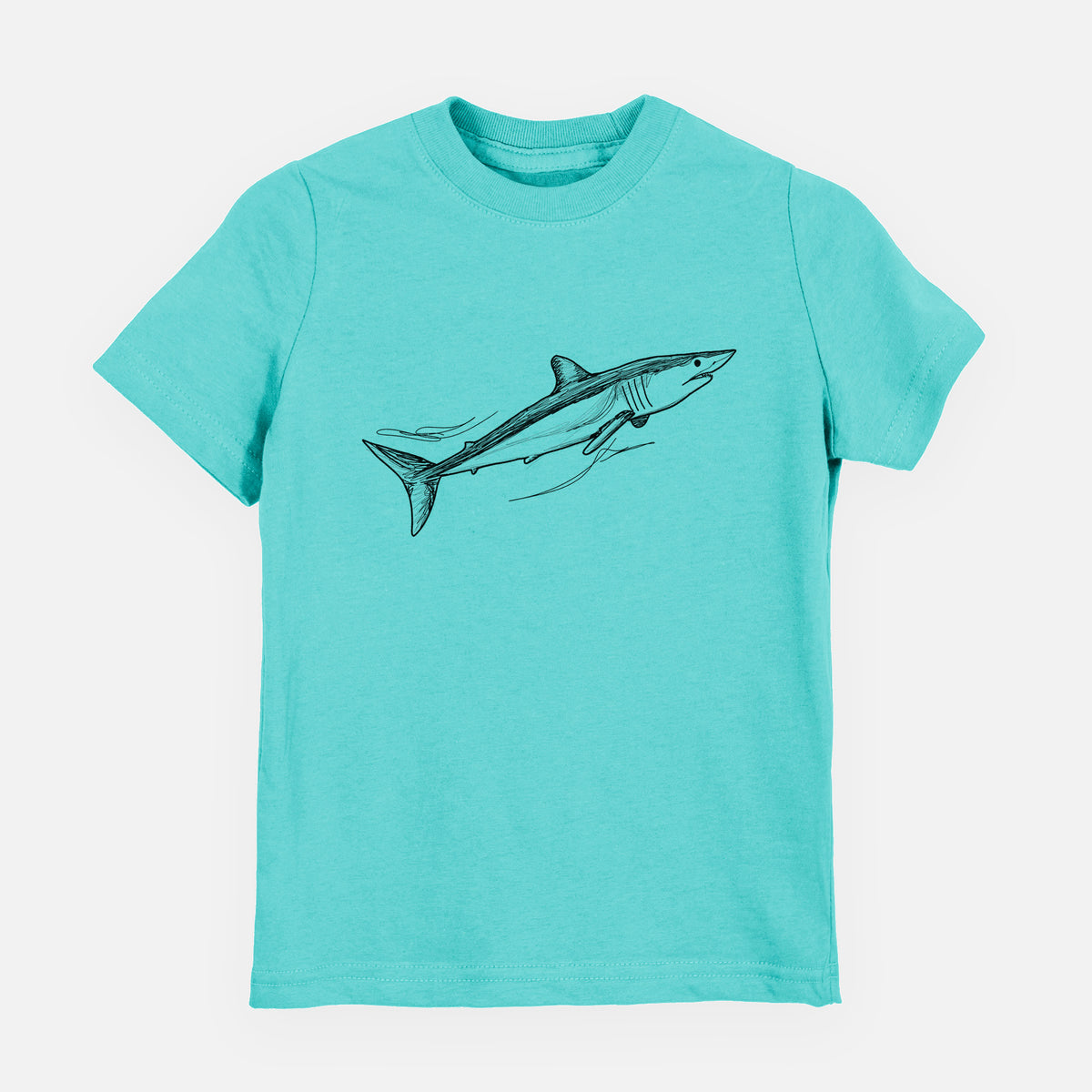 Caribbean blue youth t-shirt laid flat, printed with a black ink illustration of a mako shark swimming.