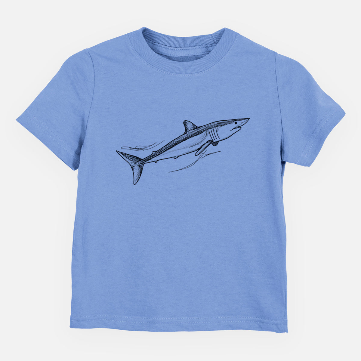 Carolina blue toddler t-shirt laid flat, printed with a black ink illustration of a mako shark swimming.