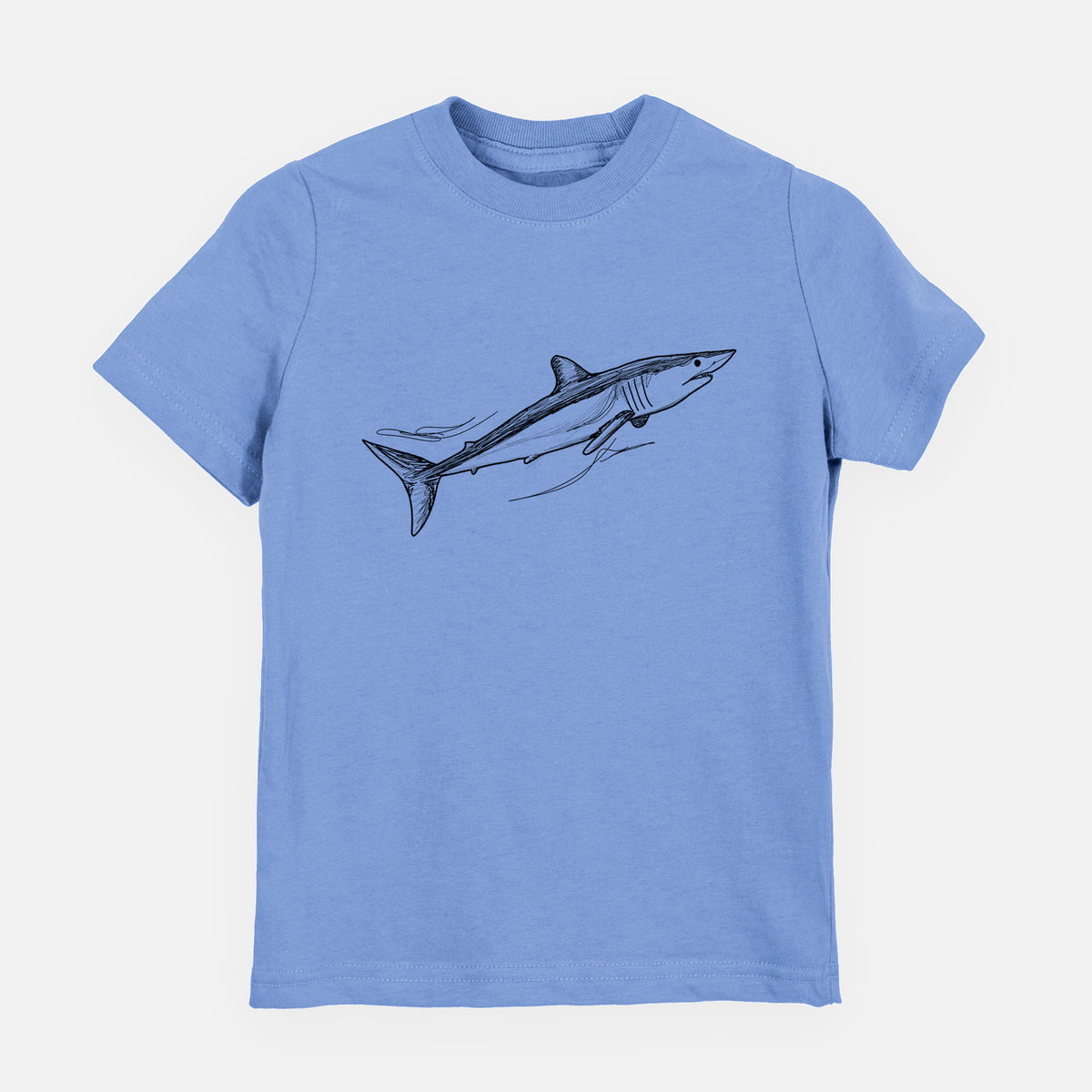 Carolina blue youth t-shirt laid flat, printed with a black ink illustration of a mako shark swimming.