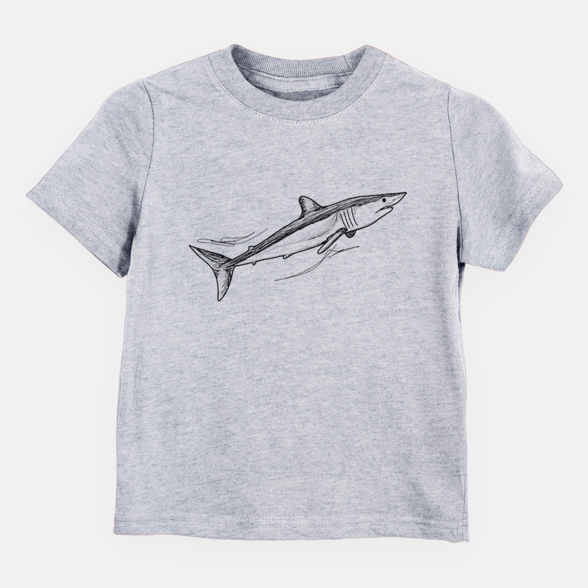 Heather grey toddler t-shirt laid flat, printed with a black ink illustration of a mako shark swimming.