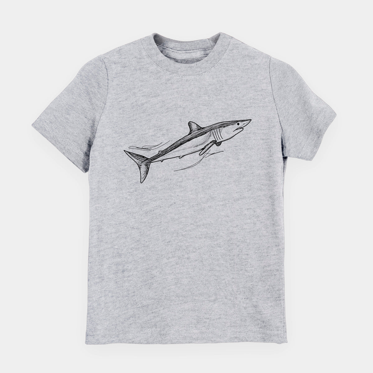 Heather grey youth t-shirt laid flat, printed with a black ink illustration of a mako shark swimming.