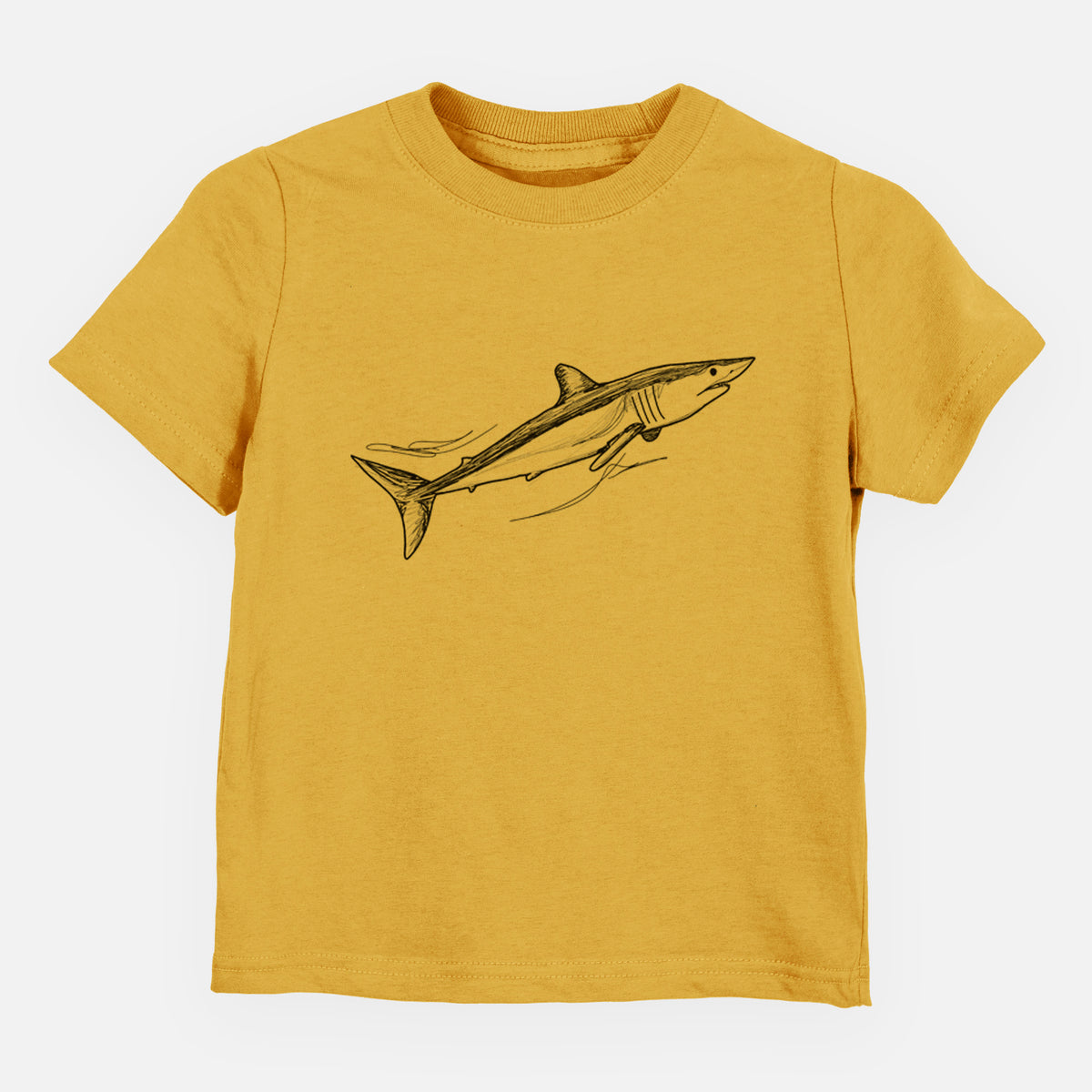 Honeycomb yellow toddler t-shirt laid flat, printed with a black ink illustration of a mako shark swimming.
