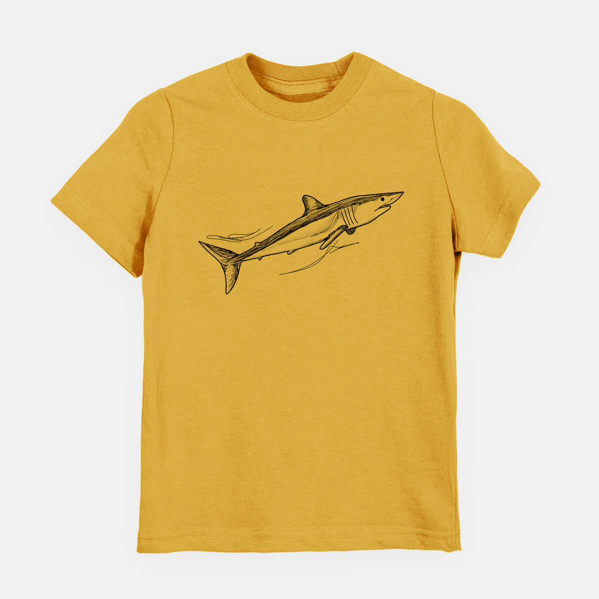 Honeycomb yellow youth t-shirt laid flat, printed with a black ink illustration of a mako shark swimming.