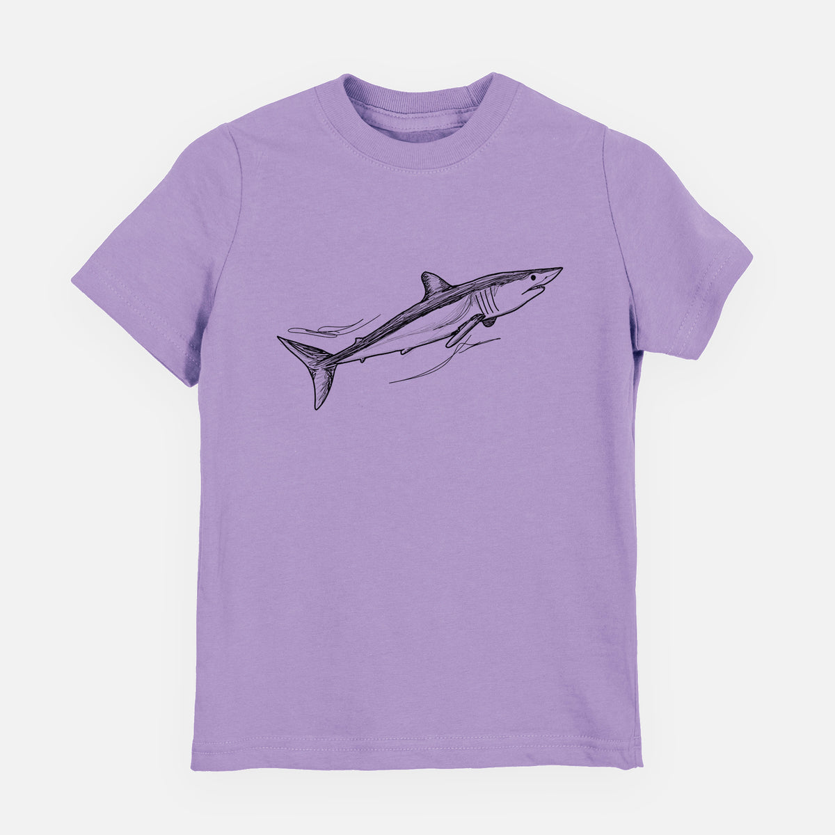 Lavender youth t-shirt laid flat, printed with a black ink illustration of a mako shark swimming.