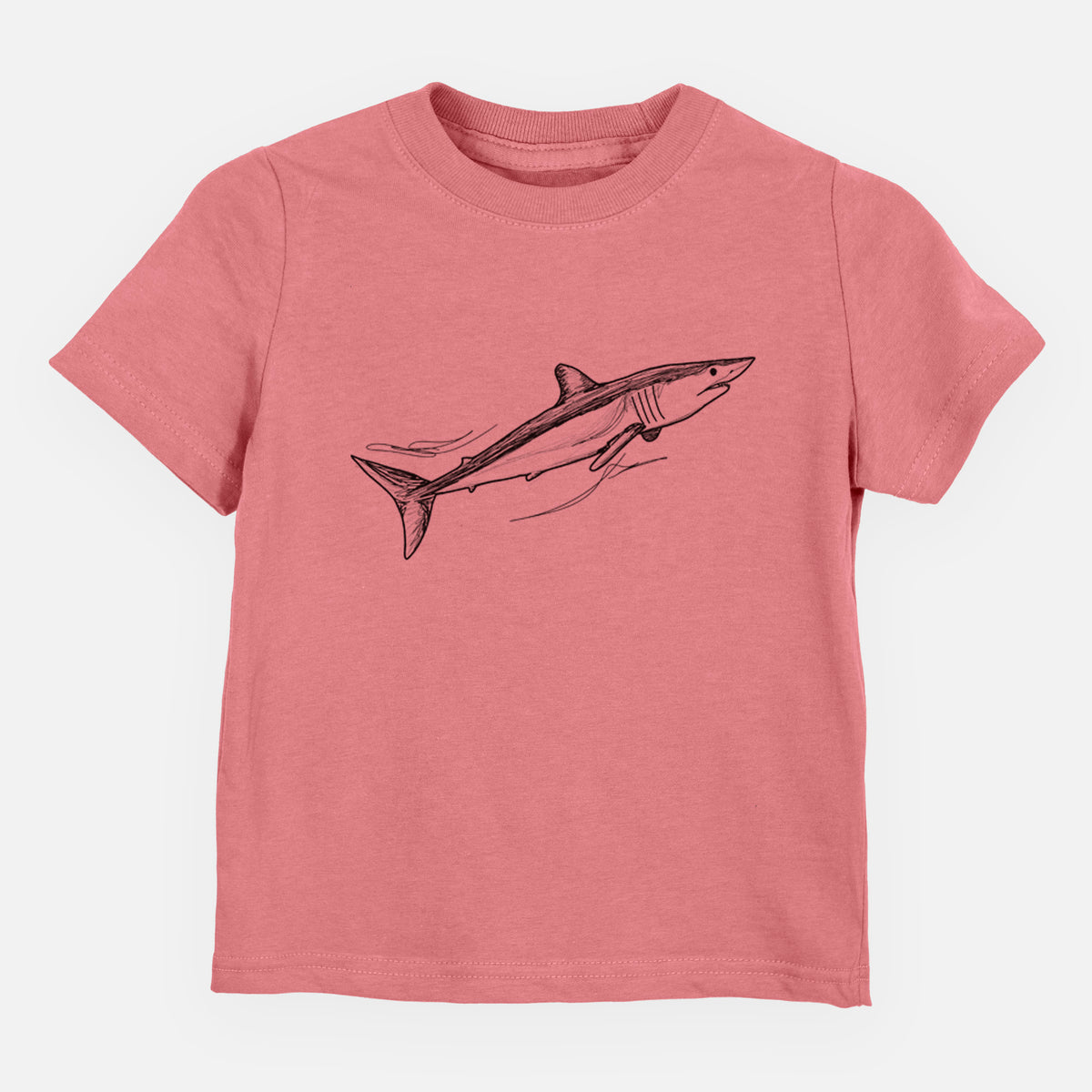 Mauve pink toddler t-shirt laid flat, printed with a black ink illustration of a mako shark swimming.