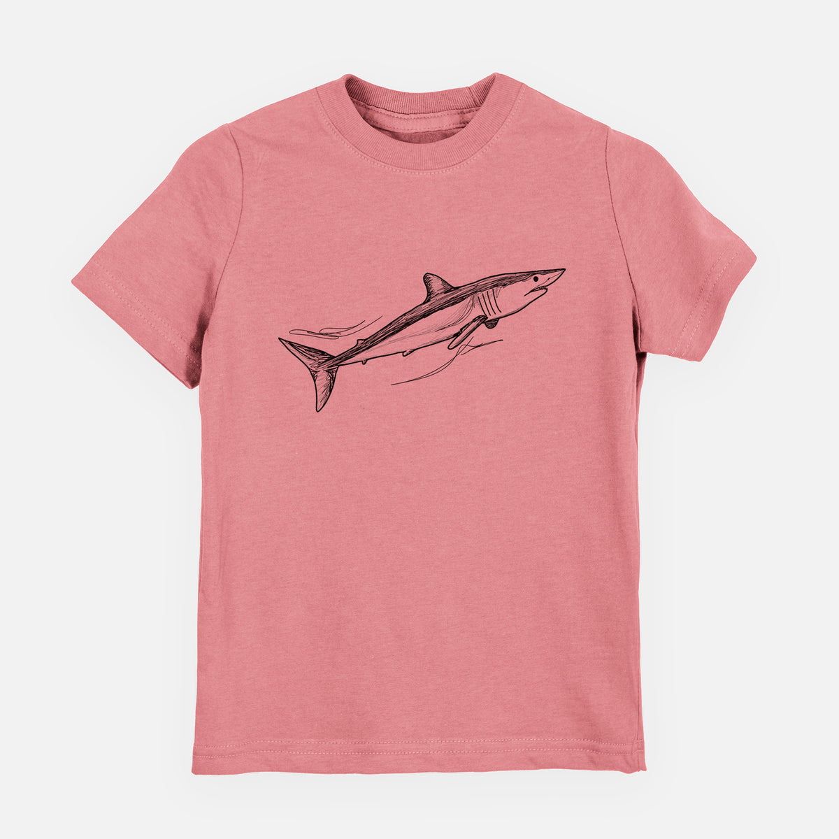 Mauve pink youth t-shirt laid flat, printed with a black ink illustration of a mako shark swimming.