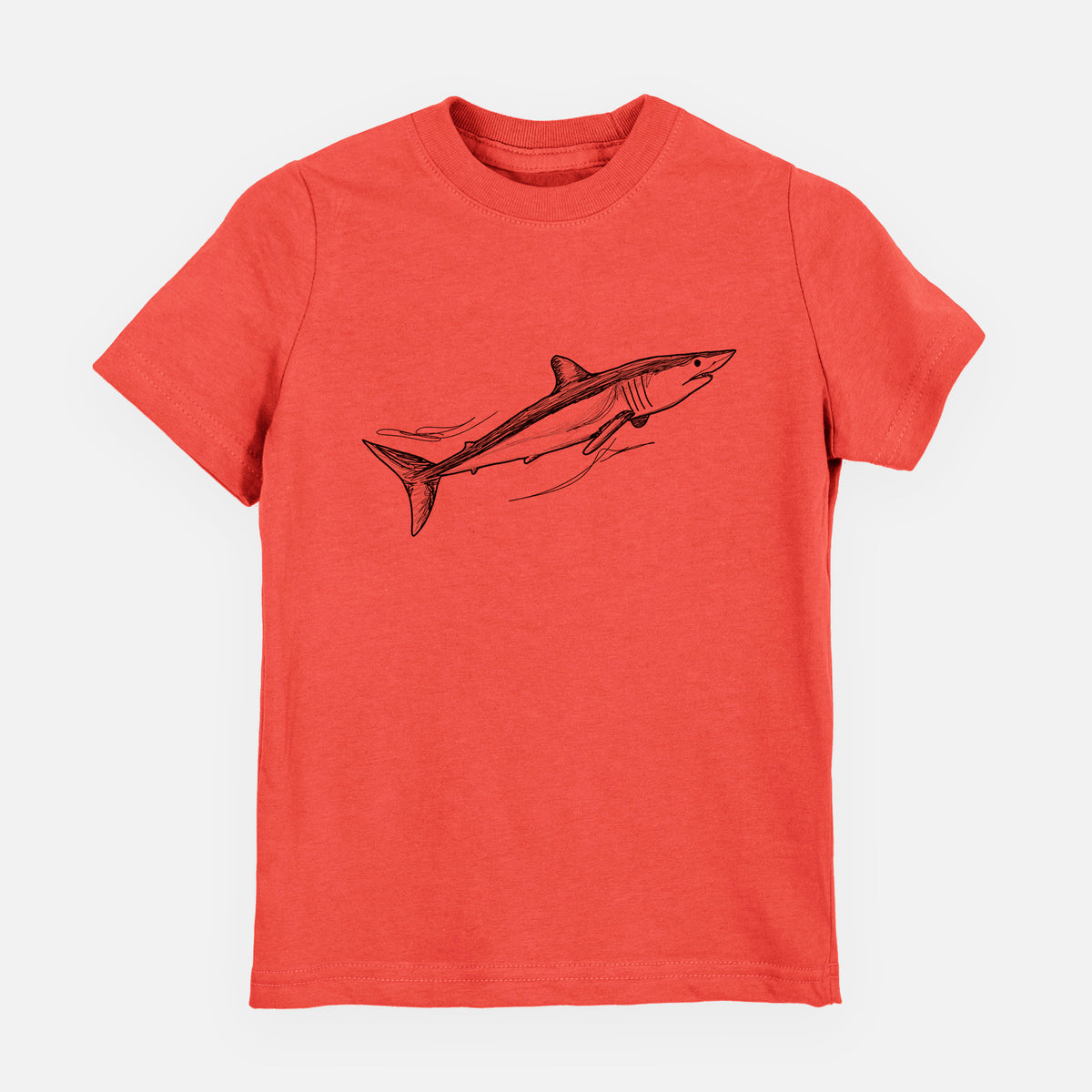 Passionfruit pink youth t-shirt laid flat, printed with a black ink illustration of a mako shark swimming.