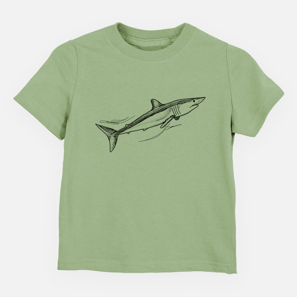 Sage green toddler t-shirt laid flat, printed with a black ink illustration of a mako shark swimming.