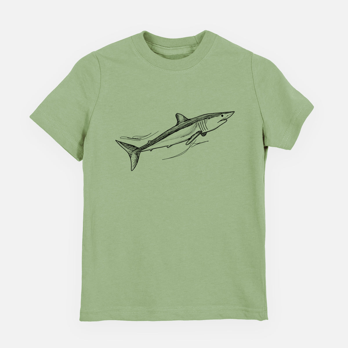 Sage green youth t-shirt laid flat, printed with a black ink illustration of a mako shark swimming.