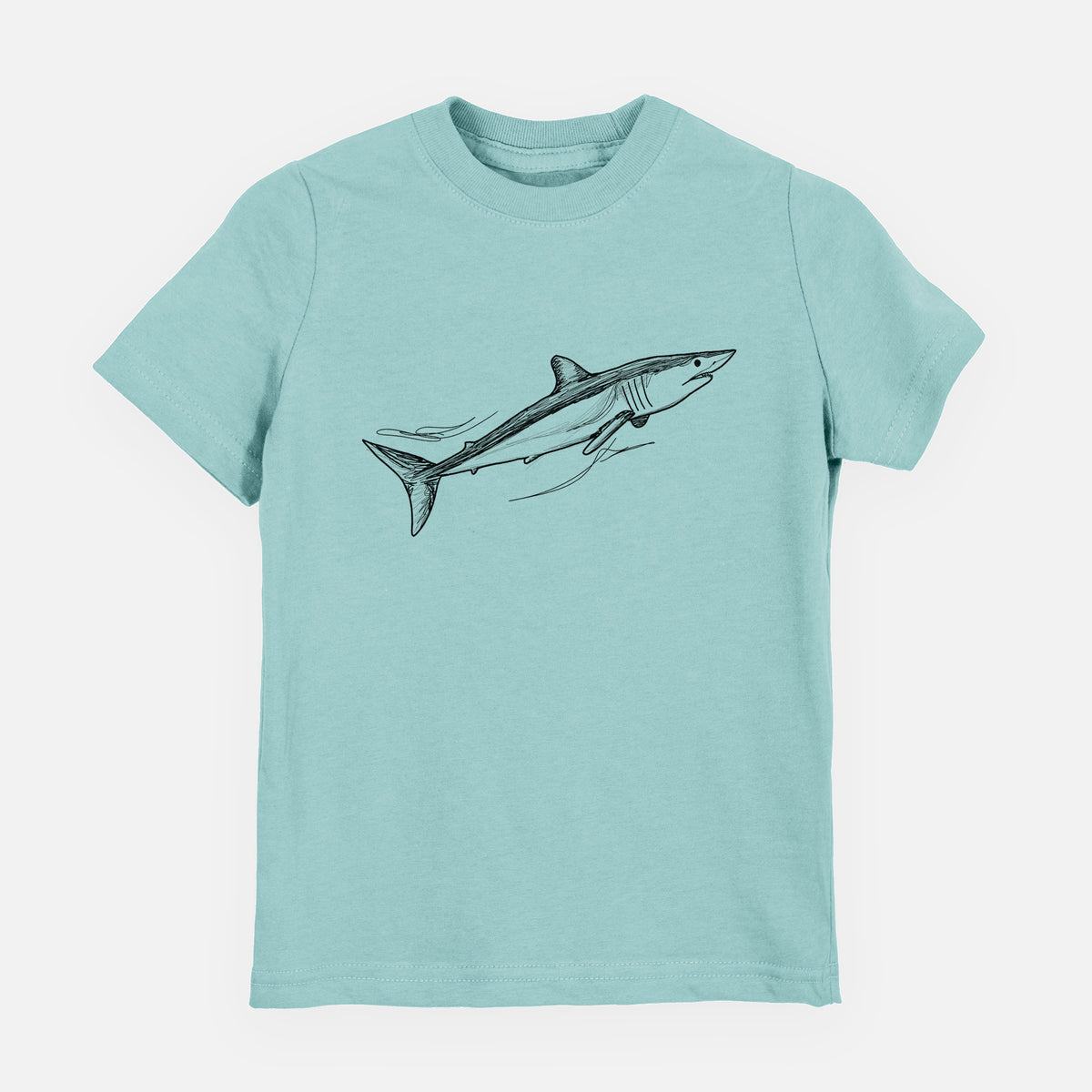 Saltwater youth t-shirt laid flat, printed with a black ink illustration of a mako shark swimming.