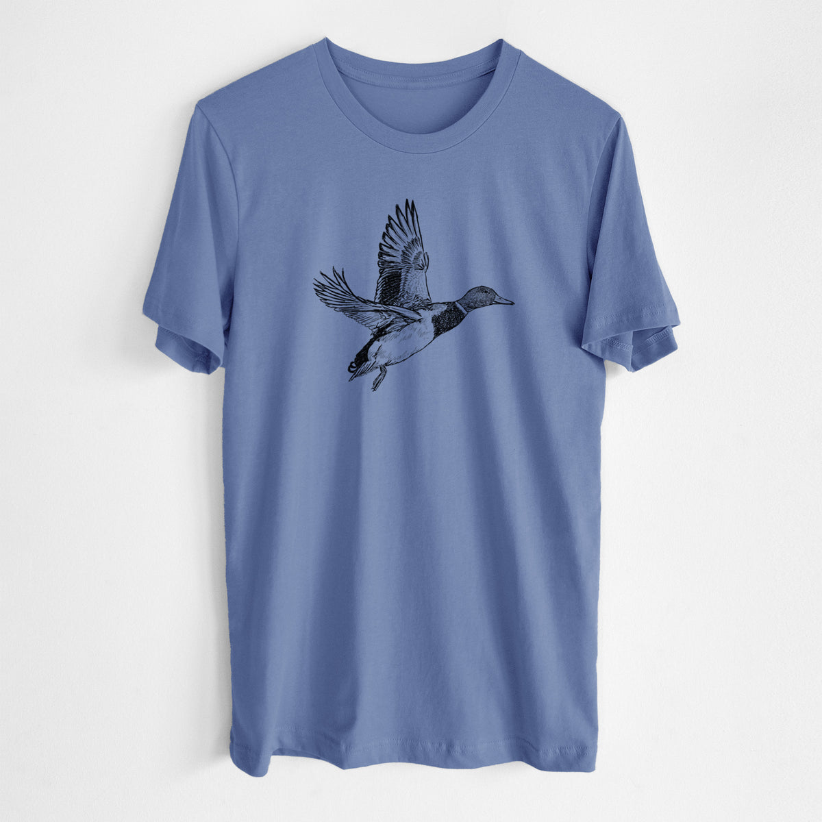 Blue bell lightweight cotton t-shirt laid flat, printed with a detailed black ink illustration of a male mallard duck taking flight.