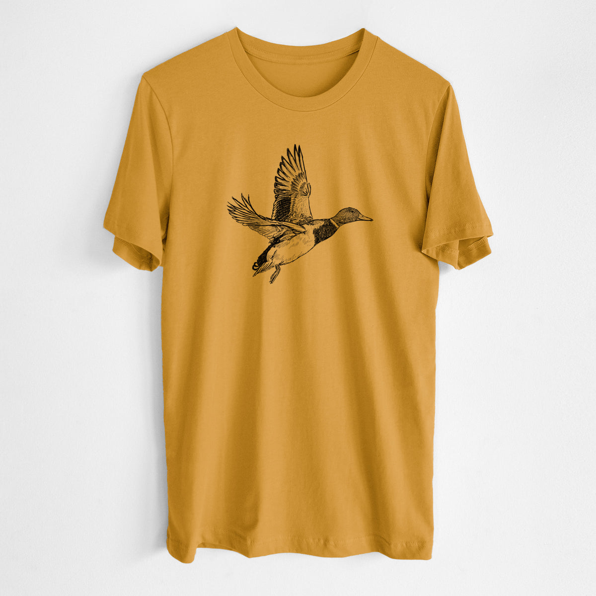 Honeycomb yellow lightweight cotton t-shirt laid flat, printed with a detailed black ink illustration of a male mallard duck taking flight.