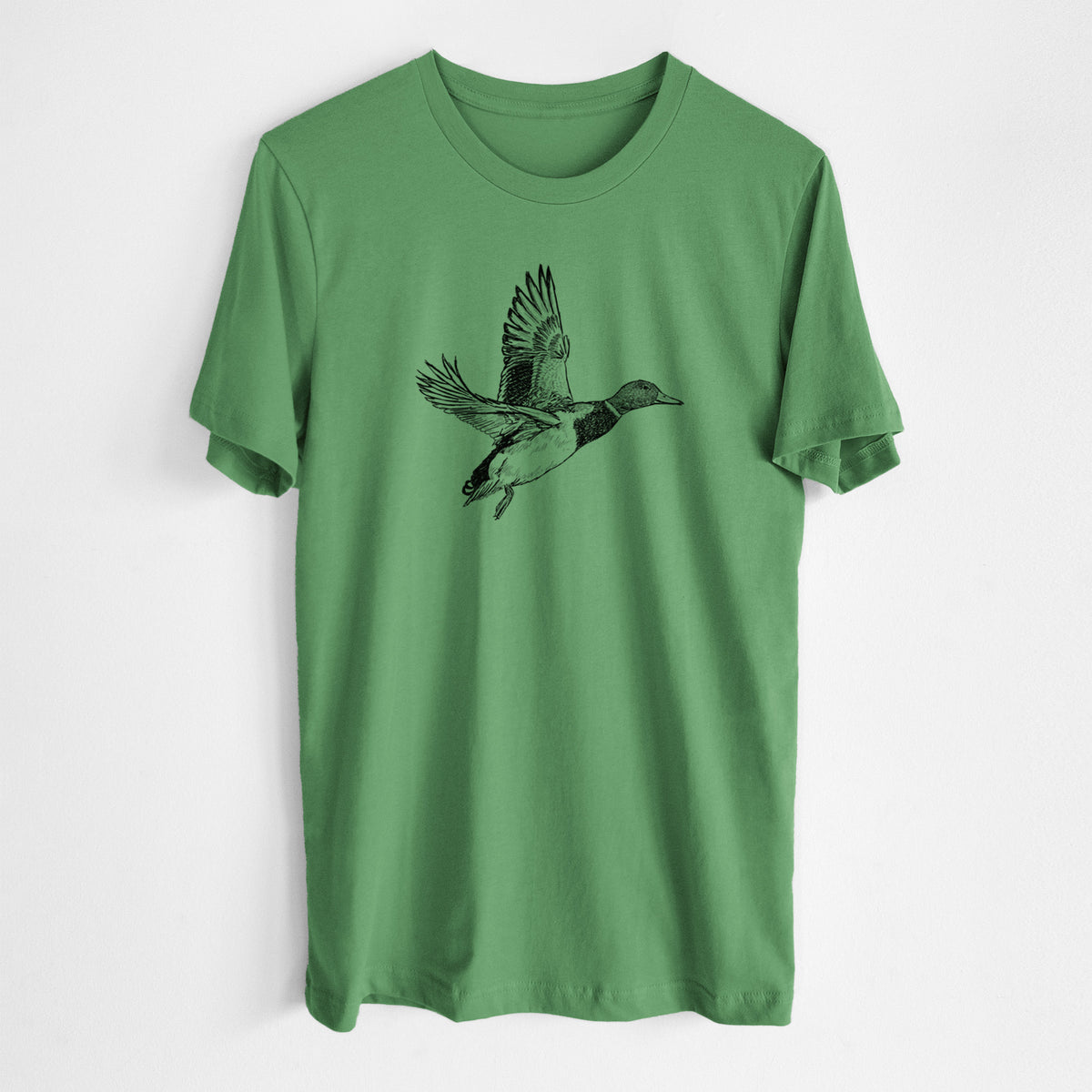 Leaf green lightweight cotton t-shirt laid flat, printed with a detailed black ink illustration of a male mallard duck taking flight.