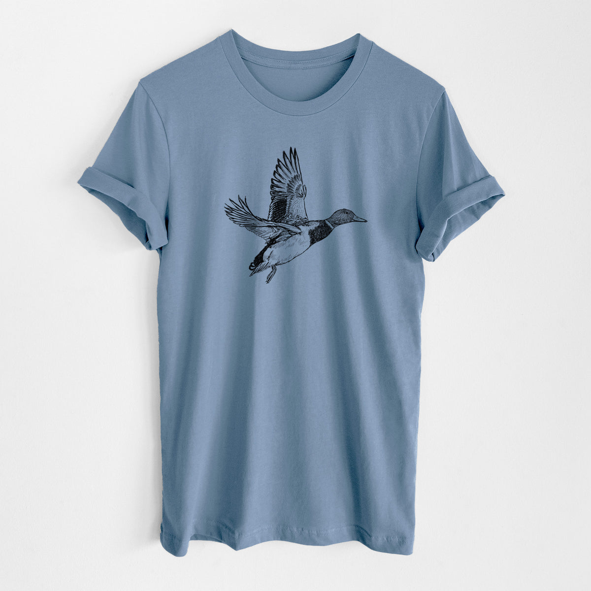 Steel blue lightweight cotton t-shirt laid flat, printed with a detailed black ink illustration of a male mallard duck taking flight.