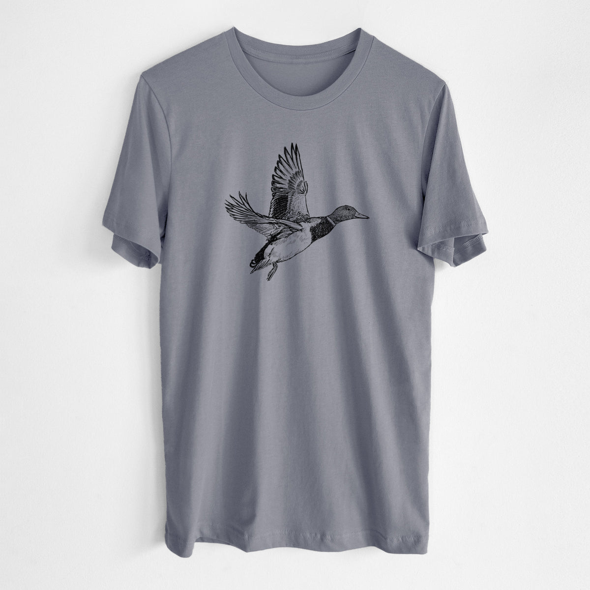 Storm grey lightweight cotton t-shirt laid flat, printed with a detailed black ink illustration of a male mallard duck taking flight.