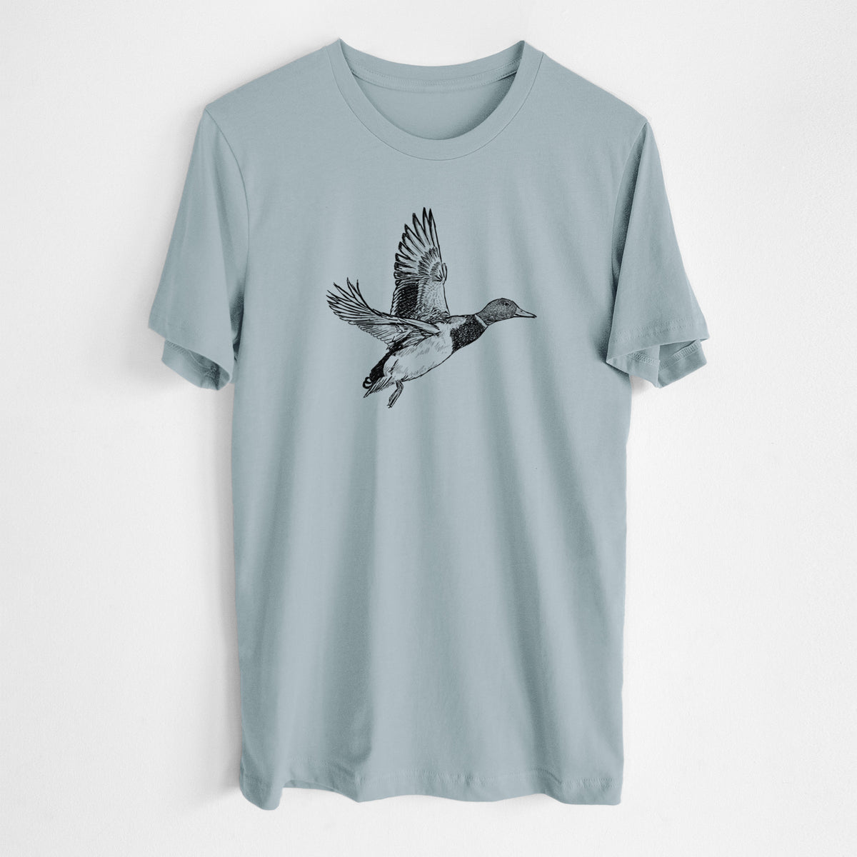 Vintage denim lightweight cotton t-shirt laid flat, printed with a detailed black ink illustration of a male mallard duck taking flight.