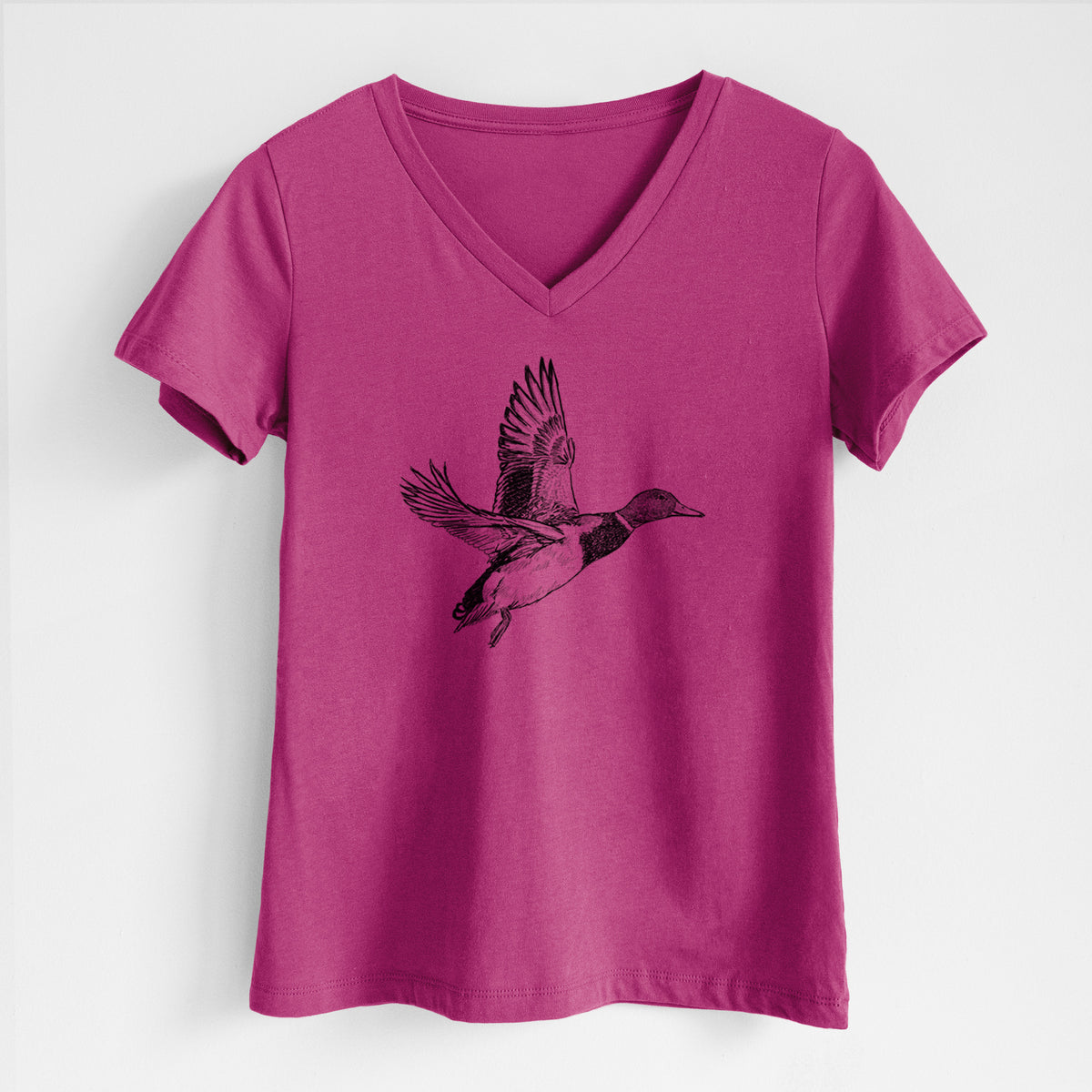 Berry pink women's relaxed fit cotton V-neck t-shirt laid flat, printed with a detailed black ink illustration of a male mallard duck taking flight.