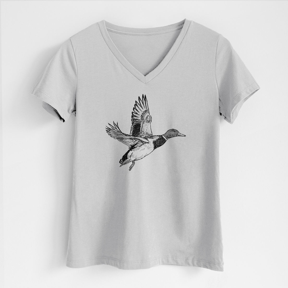 Lunar grey women's relaxed fit cotton V-neck t-shirt laid flat, printed with a detailed black ink illustration of a male mallard duck taking flight.