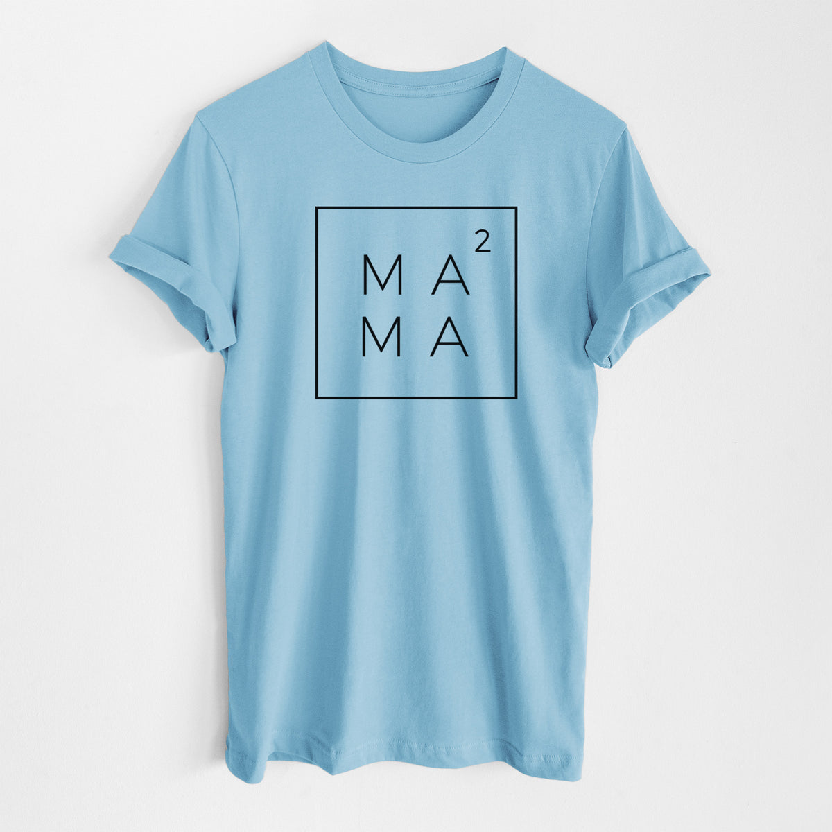 Ocean blue lightweight cotton t-shirt laid flat, printed with the word MAMA stacked inside a square outline with a small squared symbol, for a mom of two.