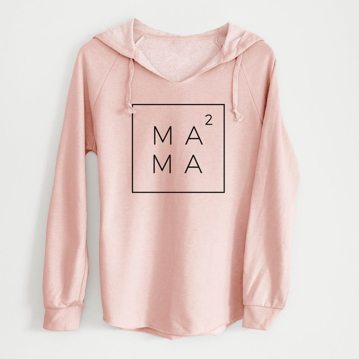 Blush pink women's Cali Wave hooded sweatshirt printed with the word MAMA stacked inside a square outline with a small squared symbol, for a mom of two.