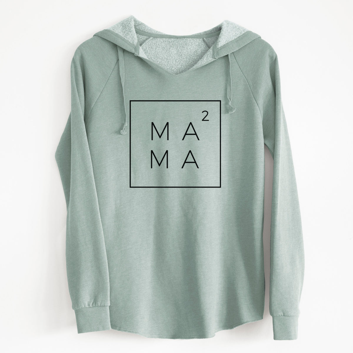 Sage green women's Cali Wave hooded sweatshirt printed with the word MAMA stacked inside a square outline with a small squared symbol, for a mom of two.