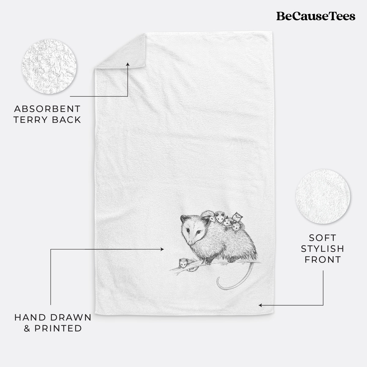 White hand towel printed with a black ink illustration of a mother opossum on a branch carrying her babies on her back.