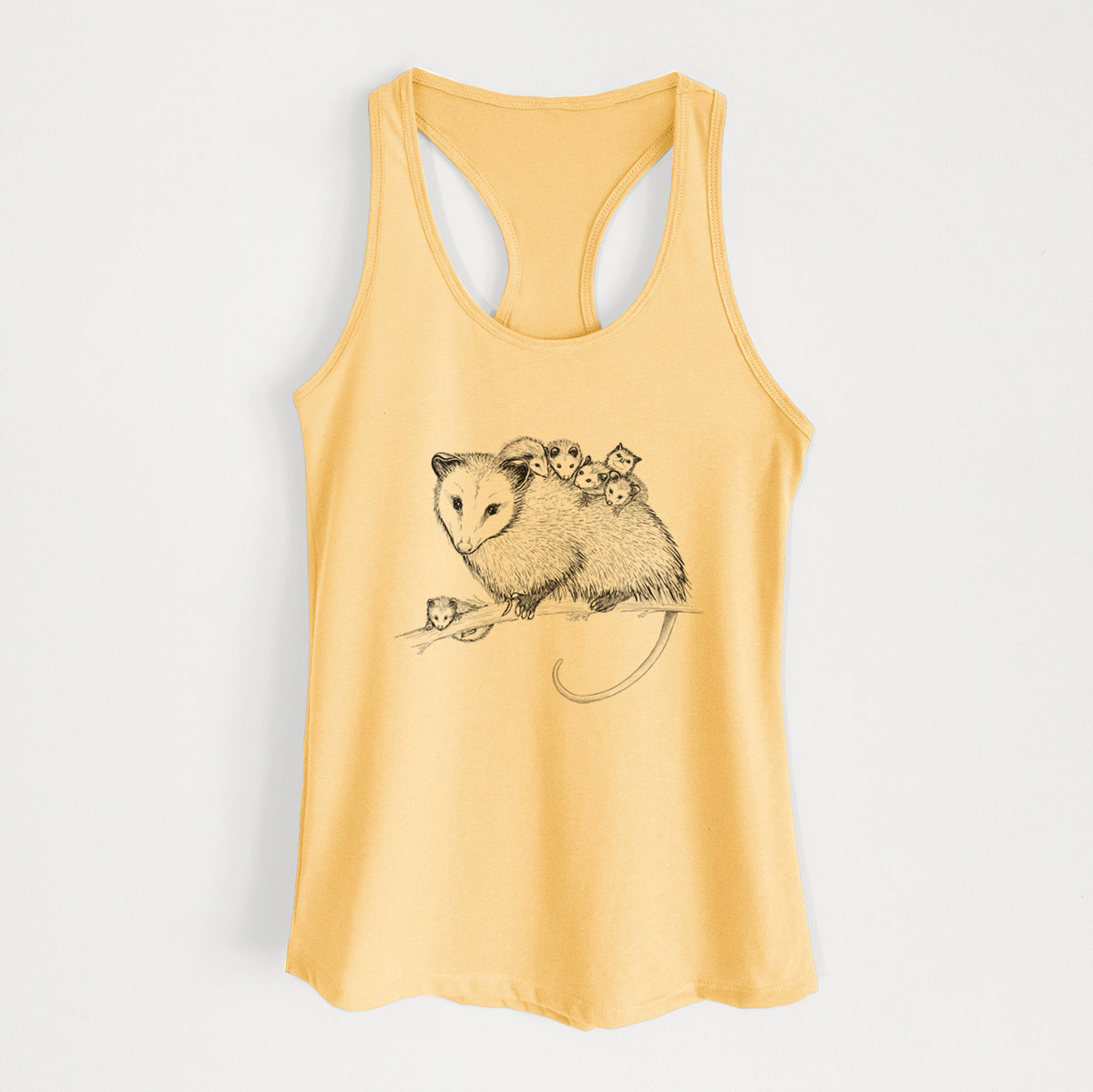 Banana cream women's racerback tank top laid flat, printed with a black ink illustration of a mother opossum on a branch carrying her babies on her back.