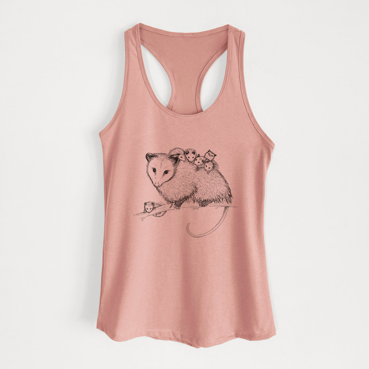 Desert pink women's racerback tank top laid flat, printed with a black ink illustration of a mother opossum on a branch carrying her babies on her back.
