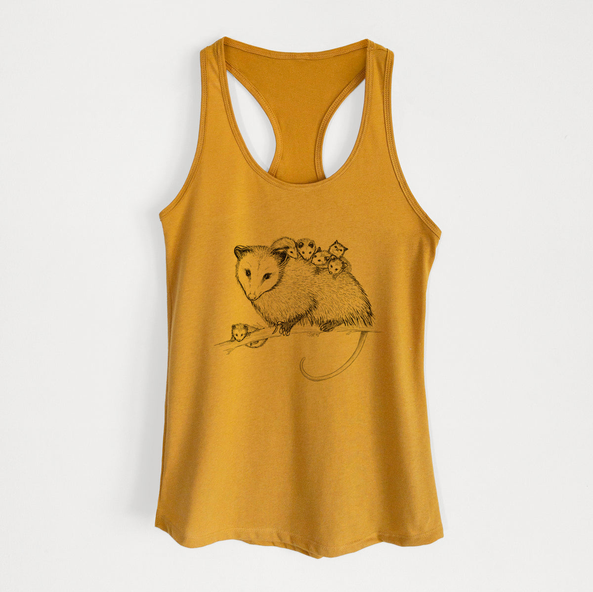Gold women's racerback tank top laid flat, printed with a black ink illustration of a mother opossum on a branch carrying her babies on her back.