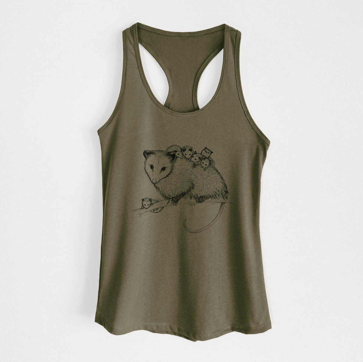 Military green women's racerback tank top laid flat, printed with a black ink illustration of a mother opossum on a branch carrying her babies on her back.