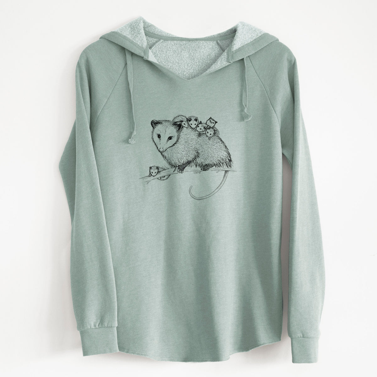 Sage green women's Cali Wave hooded sweatshirt laid flat, printed with a black ink illustration of a mother opossum on a branch carrying her babies on her back.