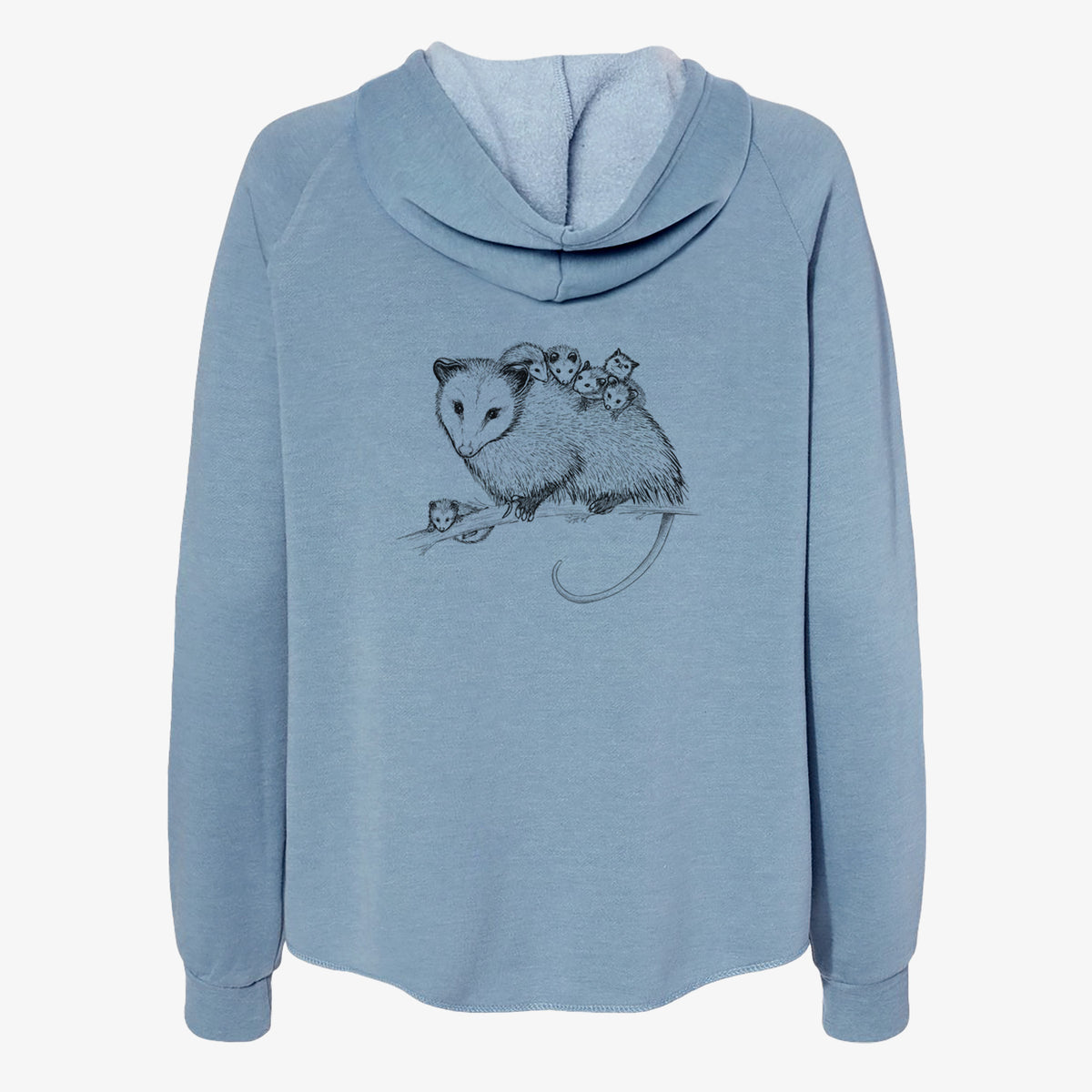 Misty blue women's Cali Wave zip-up sweatshirt laid flat, printed with a black ink illustration of a mother opossum on a branch carrying her babies on her back.