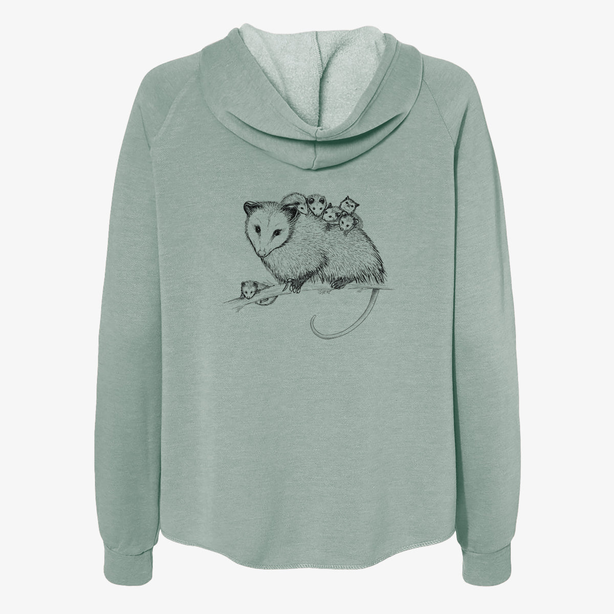 Sage green women's Cali Wave zip-up sweatshirt laid flat, printed with a black ink illustration of a mother opossum on a branch carrying her babies on her back.