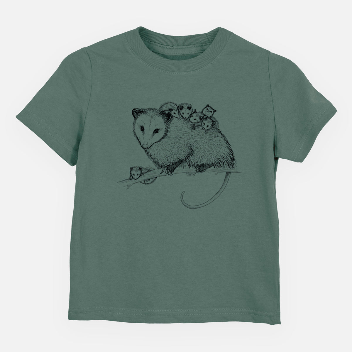 Basil green toddler t-shirt laid flat, printed with a black ink illustration of a mother opossum on a branch carrying her babies on her back.