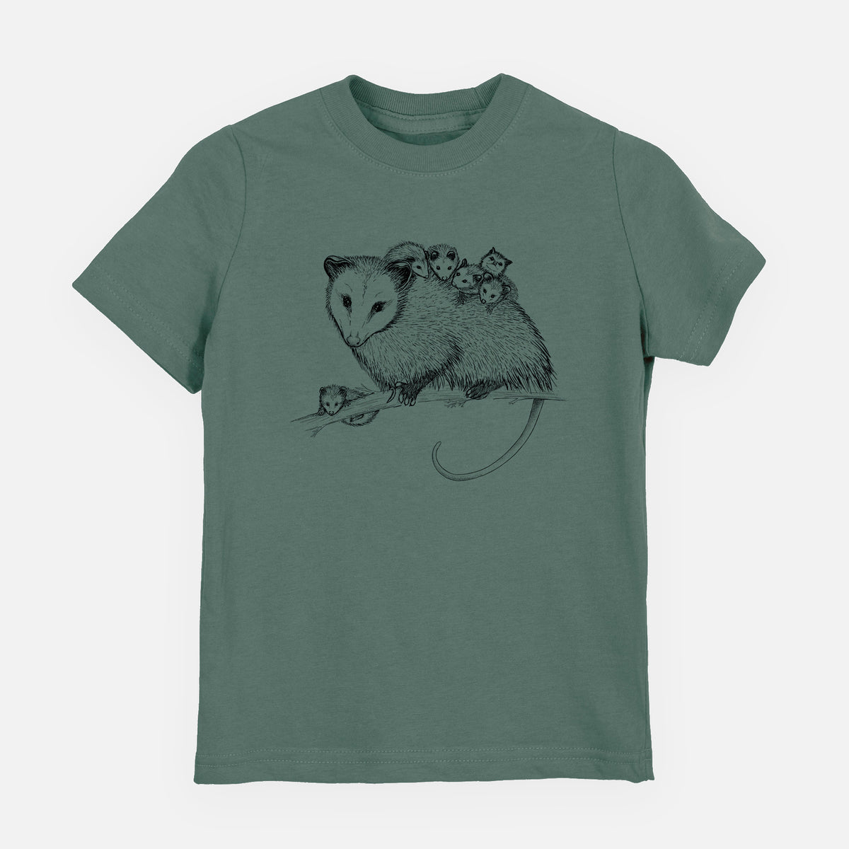 Basil green youth t-shirt laid flat, printed with a black ink illustration of a mother opossum on a branch carrying her babies on her back.