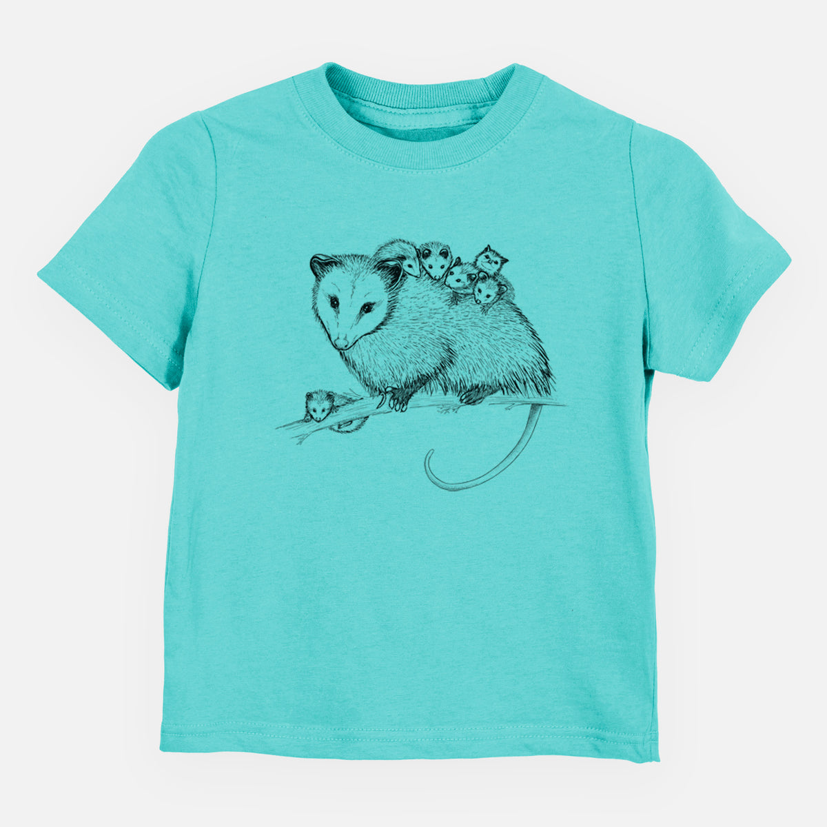 Caribbean blue toddler t-shirt laid flat, printed with a black ink illustration of a mother opossum on a branch carrying her babies on her back.