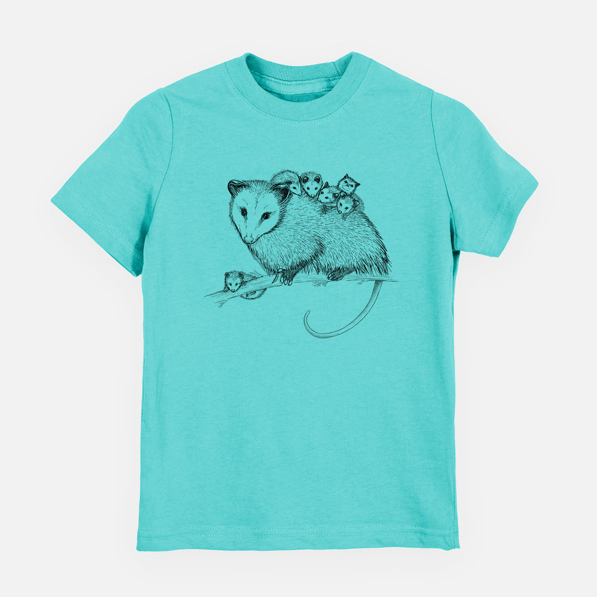 Caribbean blue youth t-shirt laid flat, printed with a black ink illustration of a mother opossum on a branch carrying her babies on her back.