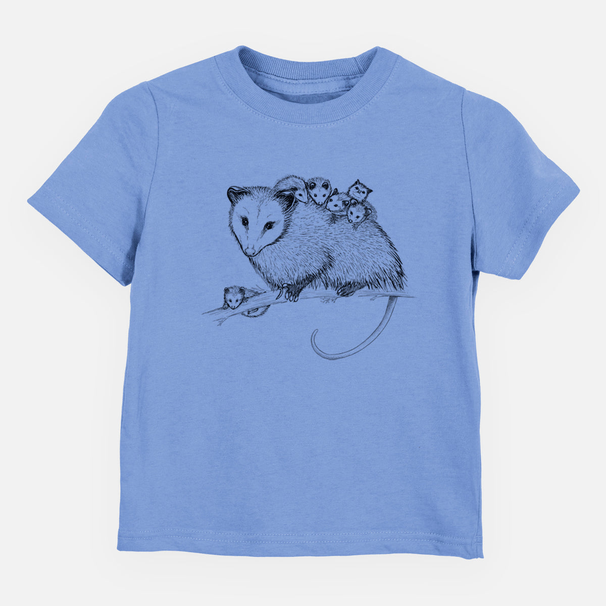 Carolina blue toddler t-shirt laid flat, printed with a black ink illustration of a mother opossum on a branch carrying her babies on her back.
