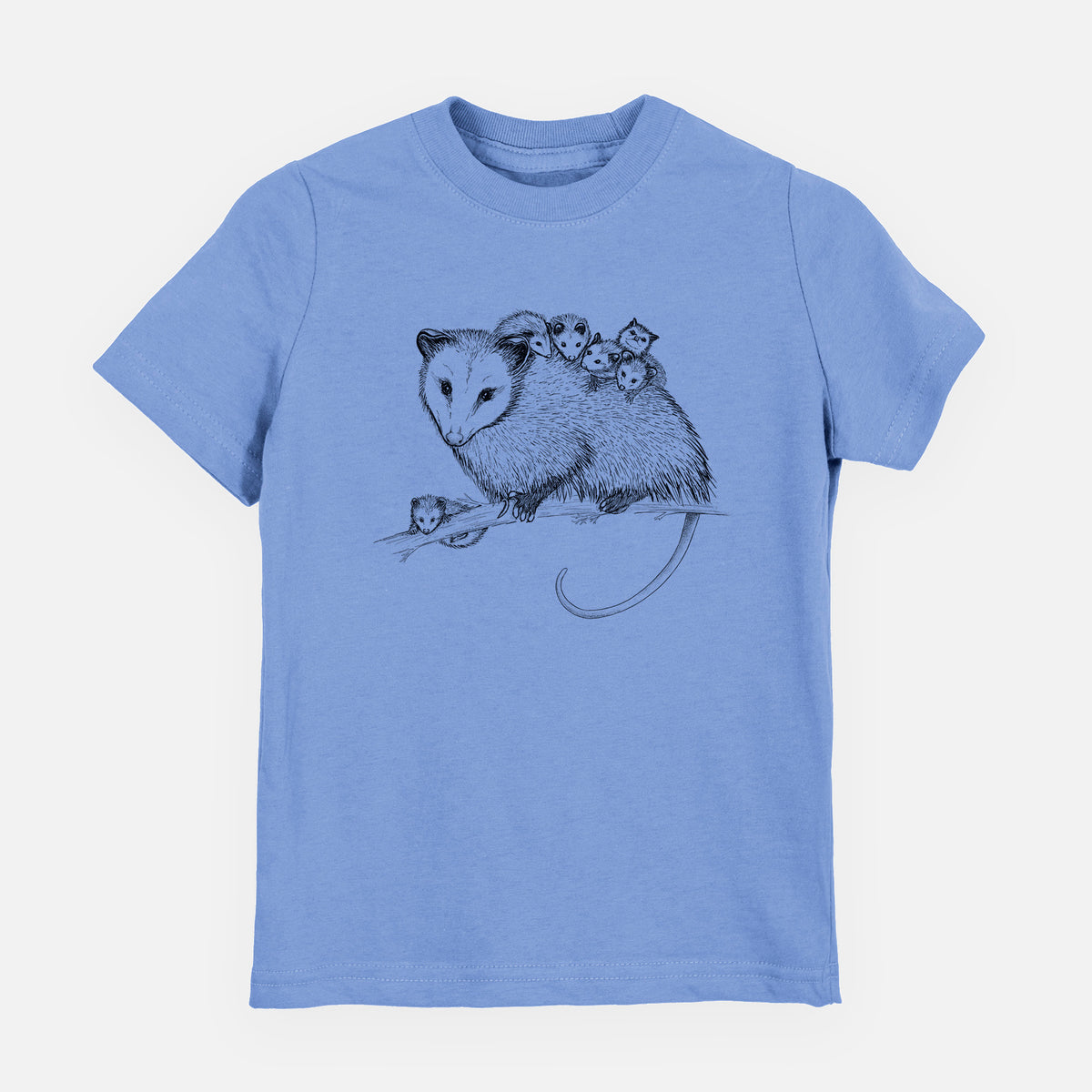 Carolina blue youth t-shirt laid flat, printed with a black ink illustration of a mother opossum on a branch carrying her babies on her back.
