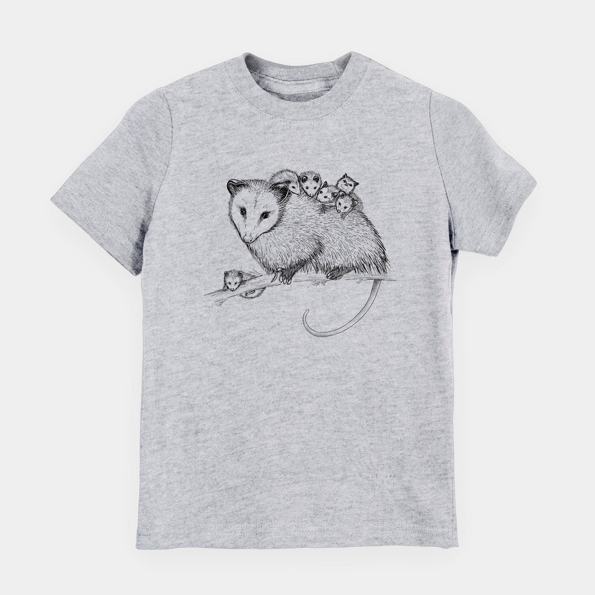 Heather grey youth t-shirt laid flat, printed with a black ink illustration of a mother opossum on a branch carrying her babies on her back.