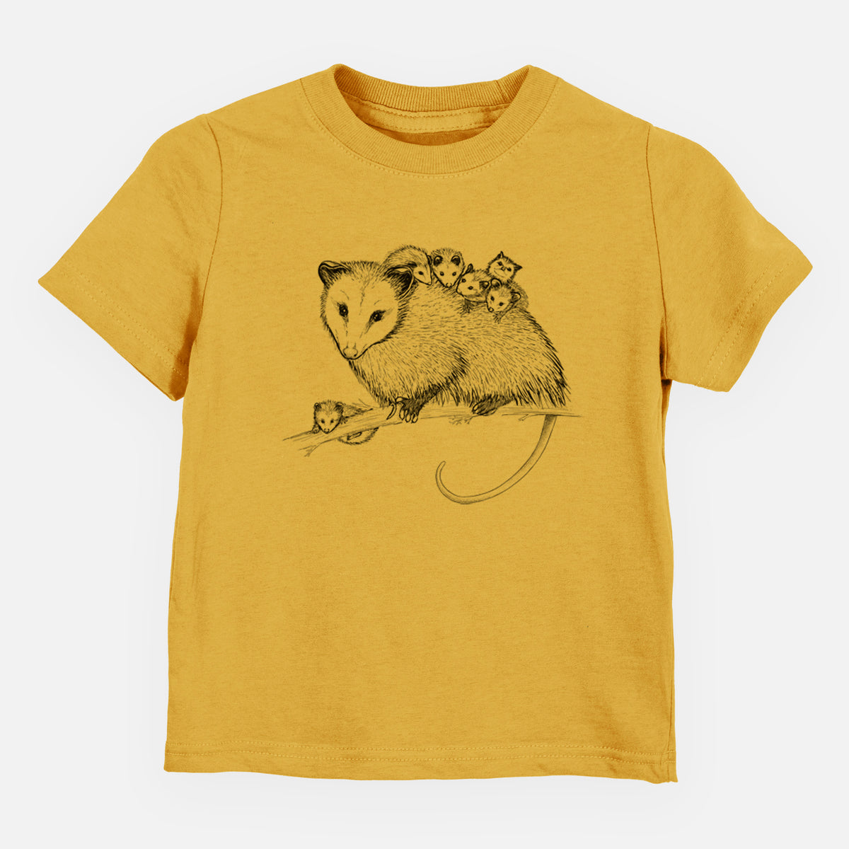 Honeycomb yellow toddler t-shirt laid flat, printed with a black ink illustration of a mother opossum on a branch carrying her babies on her back.