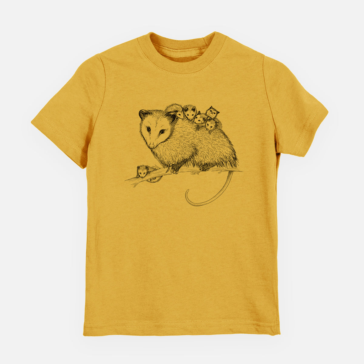 Honeycomb yellow youth t-shirt laid flat, printed with a black ink illustration of a mother opossum on a branch carrying her babies on her back.