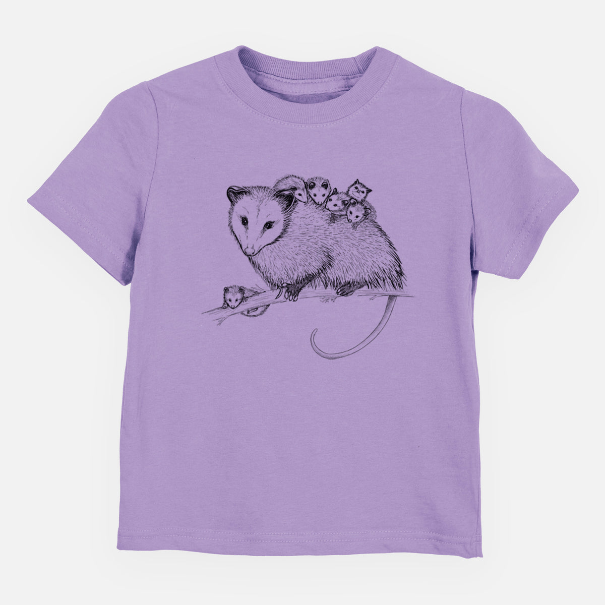 Lavender toddler t-shirt laid flat, printed with a black ink illustration of a mother opossum on a branch carrying her babies on her back.