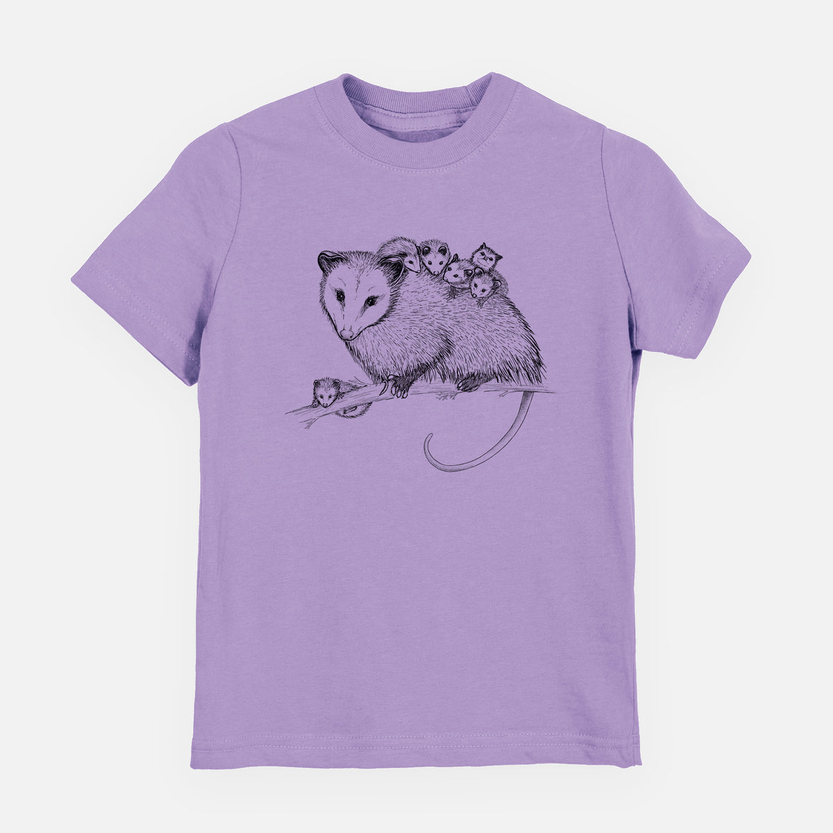Lavender youth t-shirt laid flat, printed with a black ink illustration of a mother opossum on a branch carrying her babies on her back.