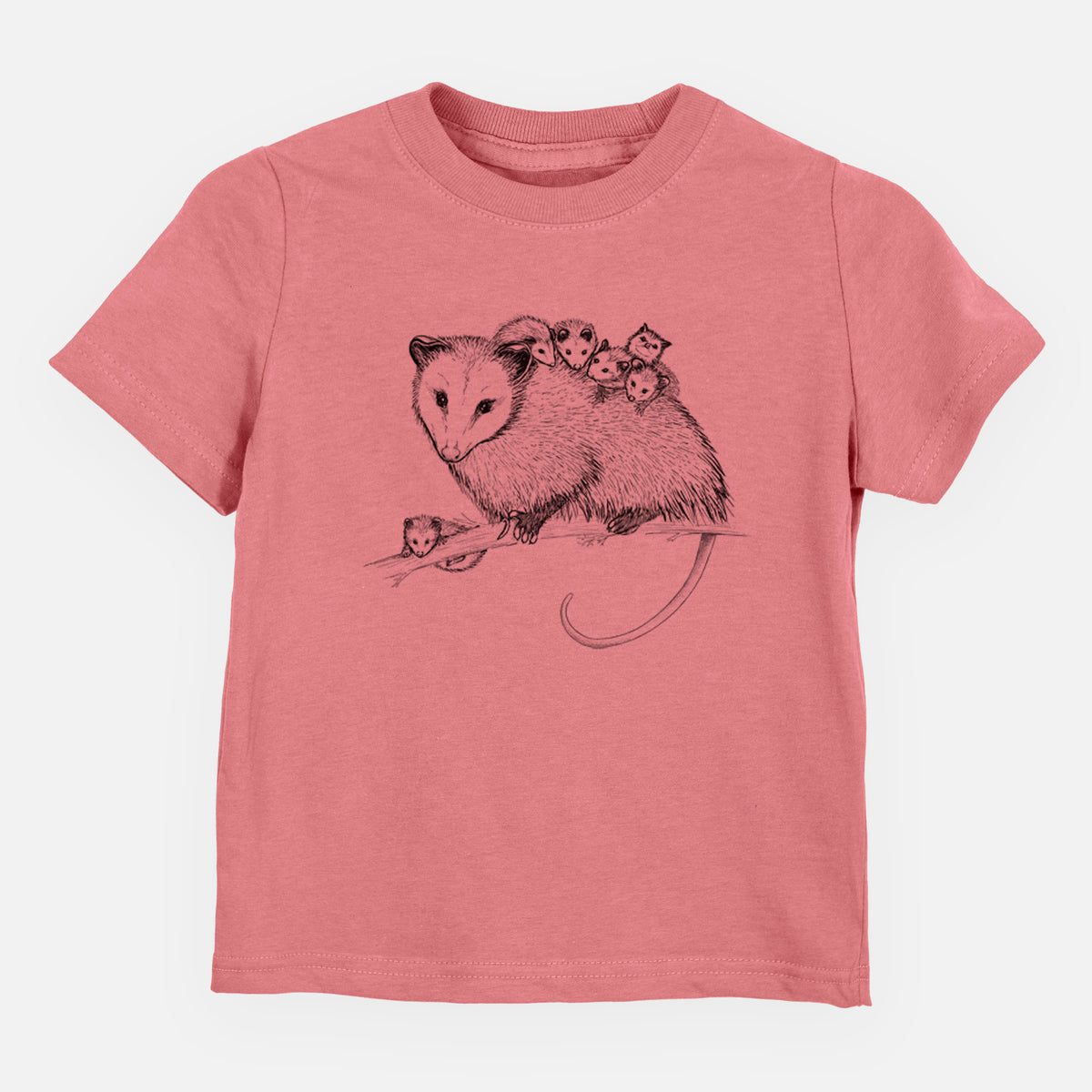 Mauve pink toddler t-shirt laid flat, printed with a black ink illustration of a mother opossum on a branch carrying her babies on her back.
