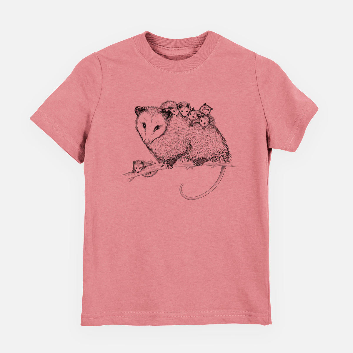 Mauve pink youth t-shirt laid flat, printed with a black ink illustration of a mother opossum on a branch carrying her babies on her back.