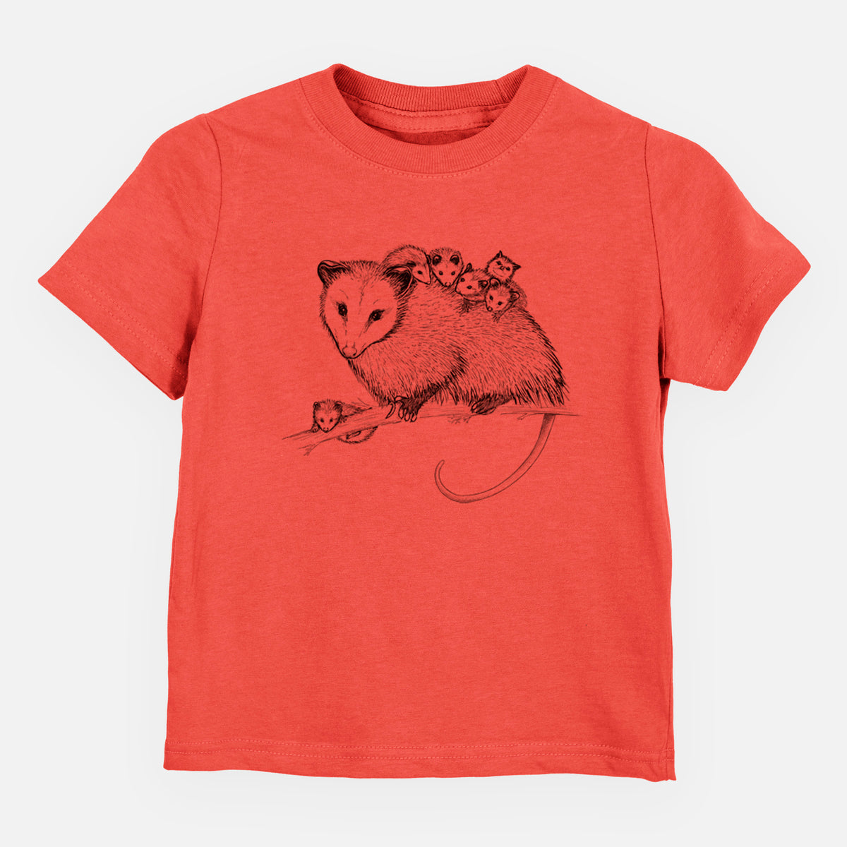 Passionfruit pink toddler t-shirt laid flat, printed with a black ink illustration of a mother opossum on a branch carrying her babies on her back.